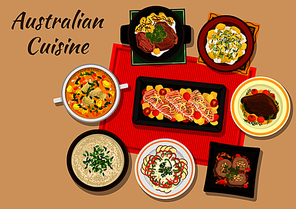australian cuisine dinner icon with baked salmon, beef steak, chicken cream soup with almond, beef rolls with nuts, potato salad, fruit and  salad, boiled beef, chicken broth with ginger