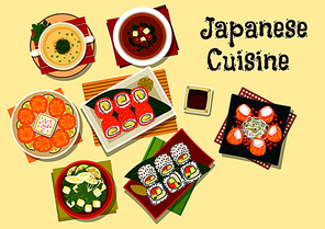 Japanese cuisine dinner icon with sushi rolls with caviar and sesame, wasabi and soy sauce, salmon rolls, shiitake and seaweed soup, spinach chicken soup, fried wontons with shrimp, tofu soup
