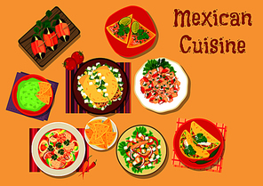 mexican cuisine spicy salad and snack icon with guacamole with nacho, beef tortilla, chorizo salad taco,date tapas, seafood salad, salmon ceviche on tortilla, meat and  salads