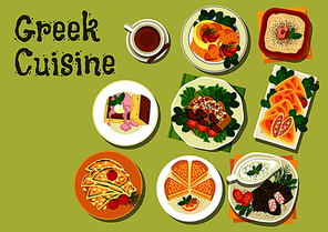Greek cuisine lunch dishes icon with meat stew, garlic bread, stuffed grape leaf, tzatziki sauce, fish roe salad, eggplant roll, almond cake, beef and feta pie and honey cake with ice cream