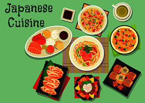 japanese cuisine dinner dishes icon with sashimi platter, seafood , smoked eel egg roll, fry food,  pork udon noodles, nut rolls, jelly dessert with fruit