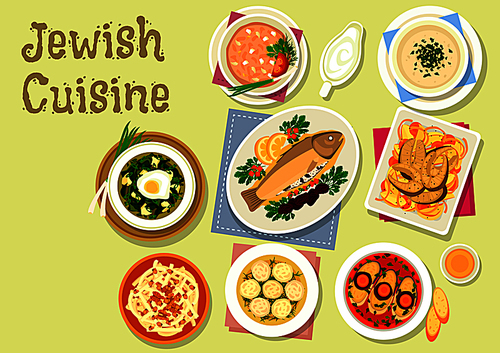 Jewish cuisine dishes icon with gefilte fish, stuffed prune trout, dumpling chicken soup, lentil chowder, vegetable fish stew, cold sorrel soup, radish salad with honey and nut, chicken liver pate