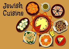 jewish cuisine dinner menu icon of chickpea falafel, fish crepe with cheese, gefilte fish balls, meat dumpling, potato casserole, crepe latke, cottage cheese cake and coconut pyramid