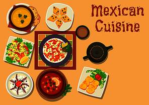Mexican cuisine authentic dishes icon of chilli salsa bean soup, vegetable salad with cheese, corn bread, chicken with vegetable, pumpkin soup, bread pudding with raisins, creamy onion soup