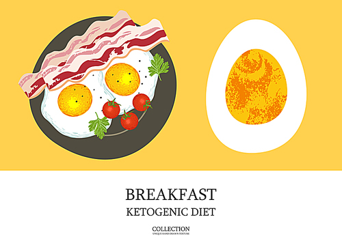 Breakfast. Great Breakfast for a ketogenic diet. Bacon and eggs. Vector illustration with unique hand drawn texture.