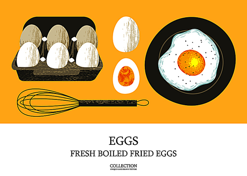 Set of 6 fresh eggs in a cardboard box. Half a boiled egg. Fried egg on a plate. Healthy and tasty food. Ketogenic Breakfast. Vector illustration on yellow background. In flat style with unique hand drawn texture.