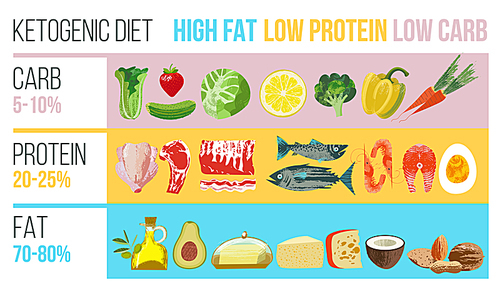 Ketogenic diet. A large set of products for the keto diet. Vector illustration with unique vector hand drawn texture. Colorful poster with different products.