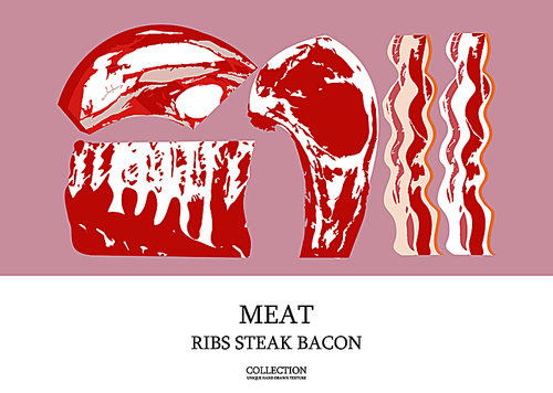 Fresh meat. Set of fresh meat products. Vector illustration. Entrecote, ribs, bacon. Illustration in flat style with hand drawn texture.