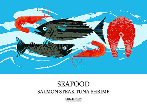 Seafood. Poster featuring tuna, shrimp, mackerel, salmon and salmon steak. Illustration with unique vector hand drawn textures.