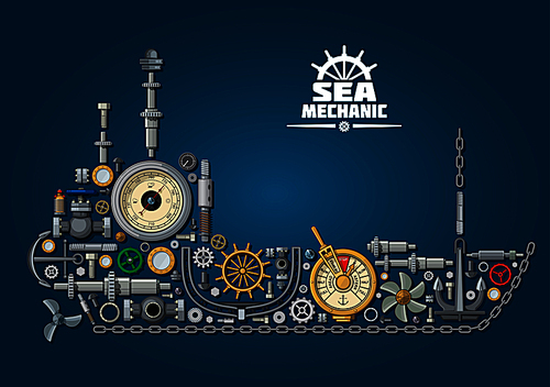Ship silhouette and nautical equipment with propeller and anchor, chain and rudder, engine order telegraph, portholes and helm, steering system, barometer and ball valves. Sea mechanic design