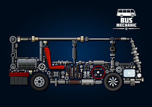 Mechanical parts arranged in a shape of a bus with crankshafts and fuel tank, battery and steering wheel, cylinder and wheels, discs and speedometer, axles, seat and headlight. Bus mechanics design