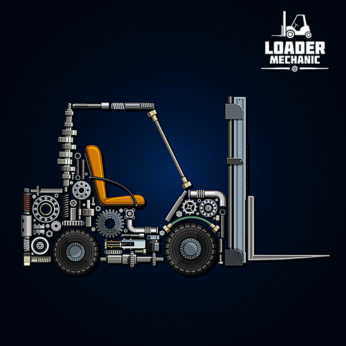 Loader mechanics symbol with forklift truck, composed of fork arms, wheels, seat, gears, ball bearings, hydraulic system parts, lifting chain, pressure hoses, crankshaft, axles, mast and carriage. Transportation design usage