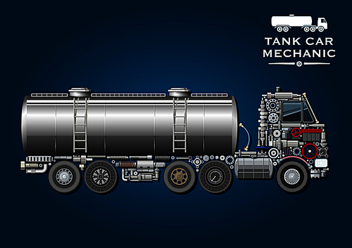Modern tank truck symbol with fuel tanker provided with two ladder and silhouette of truck tractor, composed of wheels, crankshaft, axles, transmission and suspension systems, ball bearings, fuel tank, battery, steering wheel, pressure hoses, windows, gears and headlight