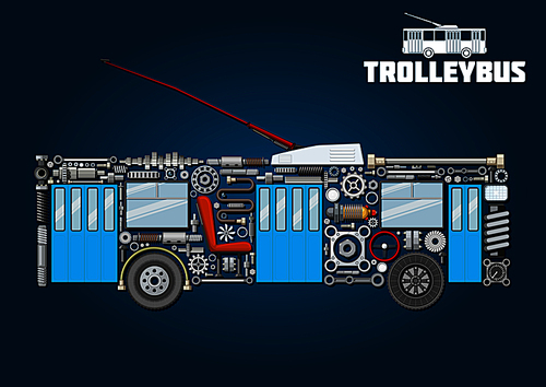Electric trolleybus mechanical silhouette icon of detailed main components and parts with boarding and exit doors, trolley poles with base in shroud, windows, seat, steering wheel, wheels, crankshafts, axles, bearings, pressure hoses, gauges, headlight and fasteners