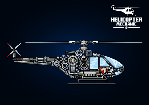 Helicopter symbol with mechanical detailed silhouette of rotorcraft, composed of drive shaft and rotor head with blades, cabin and landing windows, tail rotor, skid, transmission systems, reduction gears, bearings, position lights, absorbers, fasteners and gauges