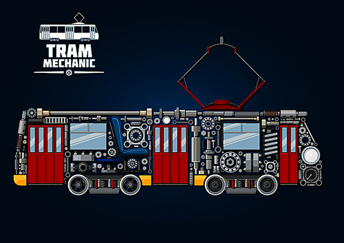 Town tram mechanics icon for public transportation service design usage with tramcar made up of mechanical gears, doors and windows, pantograph and motor bogies, steel wheels and absorbers, axles and bearings, headlights, valves and gauges