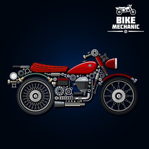 Motorcycle mechanic silhouette symbol with wheels, gas tank, seat, engine, battery and exhaust pipe, gears and cogwheels, absorbers and fork, suspension and kickstand, headlight and bearings. Use as transportation design