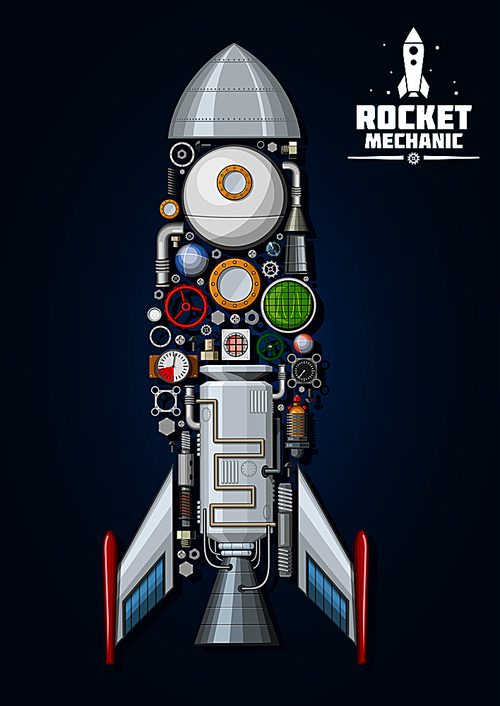 Rocket mechanics symbol of modern spaceship with detailed engine parts and body structure such as nose cone, fins and access hatch, nozzle and portholes, combustion chamber and pumps, fuel tank and gears, colorful gauges and valve handwheels, radar and fasteners