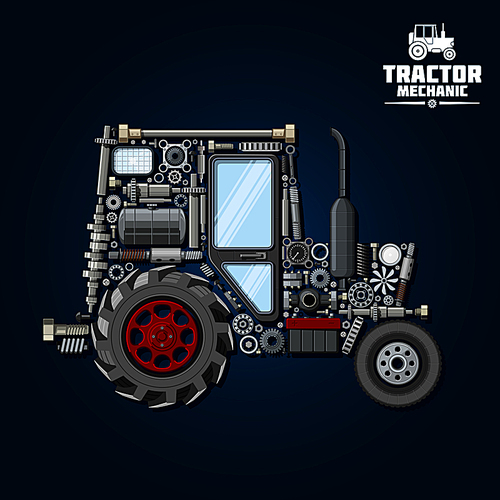 Mechanical parts silhouette of tractor symbol with front and driving wheels, door and exhaust stack, fuel tank and gears, suspension system and bearings, crankshaft and axle, headlights, springs and gauges