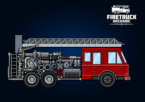 Fire truck mechanics symbol of fire engine with red cabin, telescopic turntable ladder on the roof and car body composed of wheels, fuel tank and suspension system, crankshaft and bearings, axle, absorbers and valve handwheels