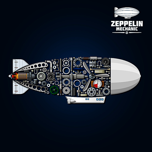 Mechanical silhouette of zeppelin airship symbol with modern gondola, rudder and envelope composed of propeller and turbine, gear wheels and bearings, pressure hoses and gauges, pilot control wheel, valve handwheels and fasteners