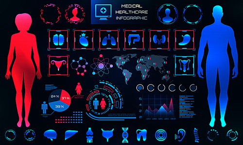 HUD UI. Male and Female Differences, Medical App. Futuristic Infographic Elements - Illustration Vector