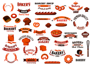 Bakery and pastry design elements with assorted kinds of breads and sweet buns, pie, pretzels, bagels, baker hats,  flour and wheat ears, whisk, rolling pins and ribbon banners with headers