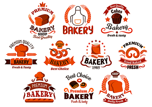 Bakery shop icons and signboards with toast and long loaf bread, sweet buns, cake and bagels, flour bag, baker hat and apron. Decorated by wheat ears, ribbon banners and crowns, cereal elements and stars