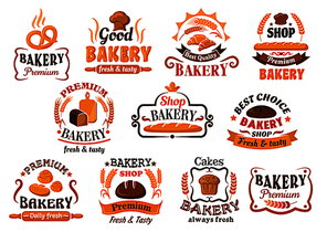 Wheat and rye bread, pastry and bakery shop signboards, icons and emblems design. Decorated by cartouches, ribbon banners, cereal ears, chef hats, sun rays, stars and swirls