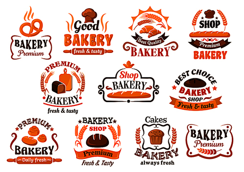 Wheat and rye bread, pastry and bakery shop signboards, icons and emblems design. Decorated by cartouches, ribbon banners, cereal ears, chef hats, sun rays, stars and swirls