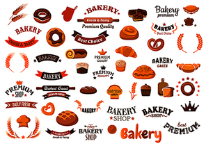 Bakery shop design elements with cupcakes, rye and wheat bread, buns, rolls, donut, croissant, pies, pretzel, cookies and decorative cereal ears, ribbon banners, baker hats, crowns, stars and headers