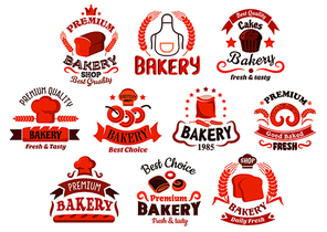 Bakery and pastry shop icons with decorative elements of bread, dessert, cereal ears, cakes and pretzel, dough and chef toque, ribbons and banners