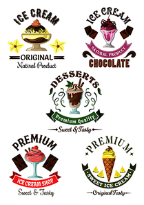 Premium ice cream desserts emblems with enjoyable pineapple soft serve cone and chocolate, vanilla and cherry, strawberry sundae ice cream desserts, decorated by fresh fruits, mint leaves and colorful ribbon banners