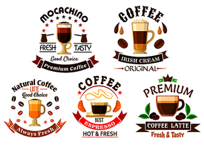 Premium natural espresso coffee, mochaccino, latte and irish cream coffee symbols for coffee shop or coffee house design, framed by ribbon banner, coffee beans and leaves, pots, croissants, stars and crown