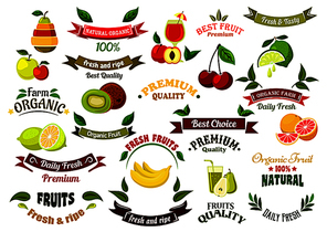 Ripe farm fruits design elements for agriculture and farm market design with ripe apples and pears, oranges and peaches, bananas and lemons, limes and kiwis, cherries, glasses of fresh squeezed juice and ribbon banners with green leaves and stars
