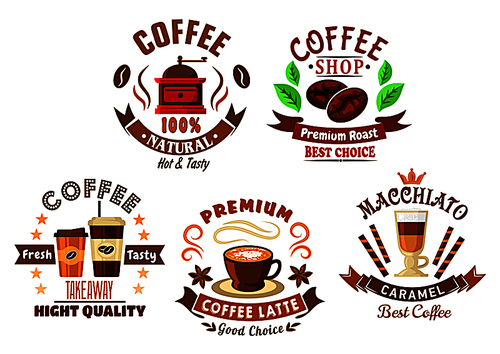 Natural premium coffee drinks in takeaway paper cups, latte and caramel macchiato beverages, coffee beans and vintage coffee mill, encircled by retro ribbon banners, anise seeds, stars and wafer tubes for coffee shop, cafe and restaurant design