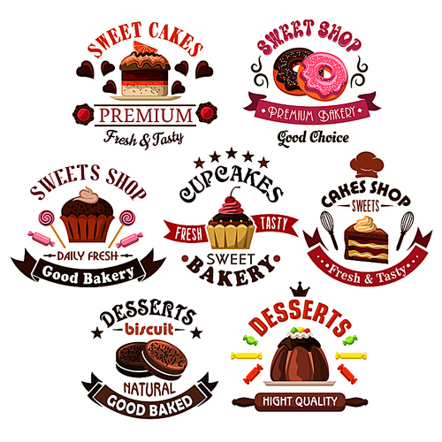 Awesome chocolate and fruity desserts, framed by ribbon banners and candies for pastry, bakery and sweet shop design with fresh and tasty cupcakes, cakes, donuts, pudding and sandwich biscuits with fruits, whipped cream, glaze and sprinkles
