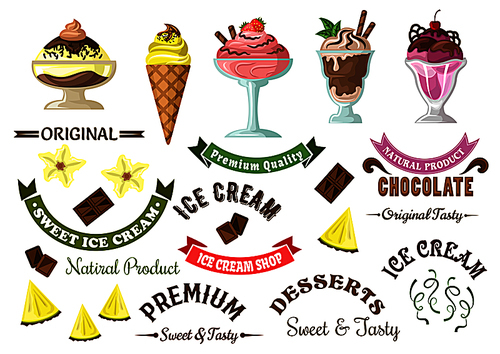 Retro ice cream symbols for cafe and sweet shop design template with pleasant strawberry, pineapple, chocolate and cherry ice cream desserts with fresh fruits and caramel sauce, decorative ribbon banners and headers, vanilla flowers, pieces of dark chocolate and pineapple fruit