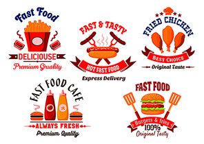 Fast food cafe and grill restaurant icons with bright cartoon burgers, takeaway french fries with sauce cups, grilled hot dog and fried chicken legs with ketchup and mustard squeeze bottles, framed by ribbon banners, spatulas, chef hat and headers