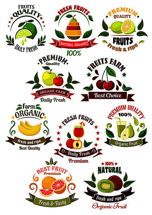 organically grown farm fruits retro icons for agriculture,  farming, organic shop or local market design template with fresh apples, lemons, kiwi, pears, bananas, peach, cherries, oranges and limes, framed by colorful ribbon banners, juice drops, leaves and stars