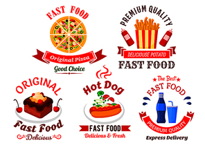 Italian pizza, hot dog, french fries, sweet soft drink and chocolate cake cartoon icons for fast food cafe, pizzeria and food delivery service design, decorated by ribbon banners and headers with stars