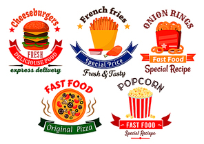 Colorful cartoon takeaway dishes symbols for fast food design with pizza and cheeseburger, boxes of french fries and onion rings, chicken leg and striped bucket of popcorn, framed by retro ribbon banners and stars