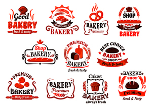 Appetizing crispy french baguettes and croissants, raisins cupcake, bavarian pretzel and cinnamon rolls, loaves of organic fresh bread symbols framed by ribbon banners, wheat ears and vignettes. Bakery, pastry and cake shop signboard or promotion design