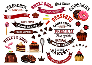 Delicious chocolate pastries and desserts retro icons for confectionery and sweet shop design with tiered cakes and pudding, cupcakes and donuts, cookies, candies and lollipops, ribbon banners and stars