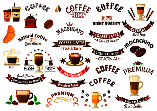 Coffee shop and cafe design elements with retro icons of cups with various coffee drinks and takeaway cups with decaf, coffee beans, grinder and pots, ribbon banners and stars, crowns and pastries