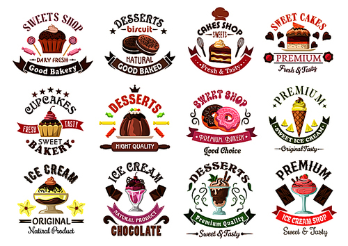 Chocolate cakes and cupcakes, donuts, cookies and pudding, ice cream sundae and soft serve cones symbols for bakery and pastry shop design usage, encircled by ribbon banners and fruits, candies and vanilla flowers