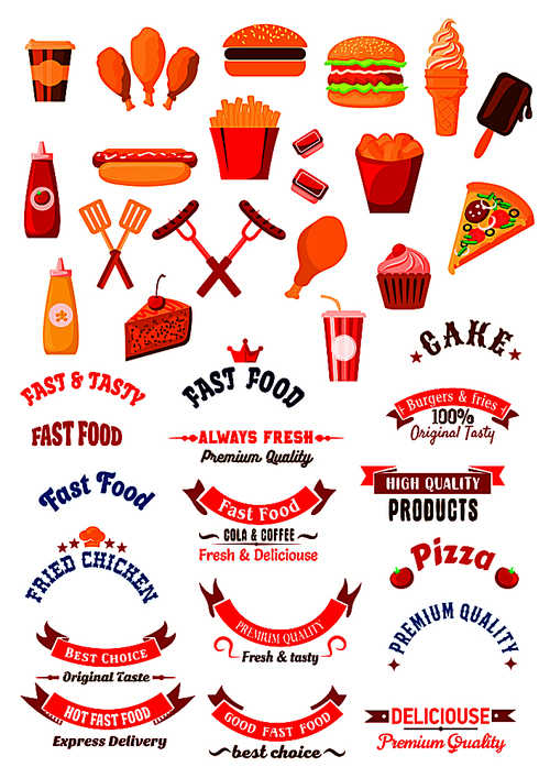 Fast food cafe retro design elements with burgers and hot dog, cake and cupcake, french fries and fried chicken, coffee and soda cups, pizza and ice cream, grilled sausages with sauces, forks and spatulas, ribbon banners and stars