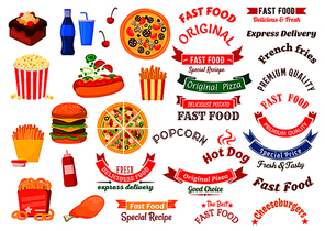 Fast food cafe icons for sign board or delivery service design usage with cheeseburger, hot dog and chicken leg, french fries, pizza and onion rings with sauces, popcorn and chocolate cake with soft beverages, ribbon banners with stars and headers