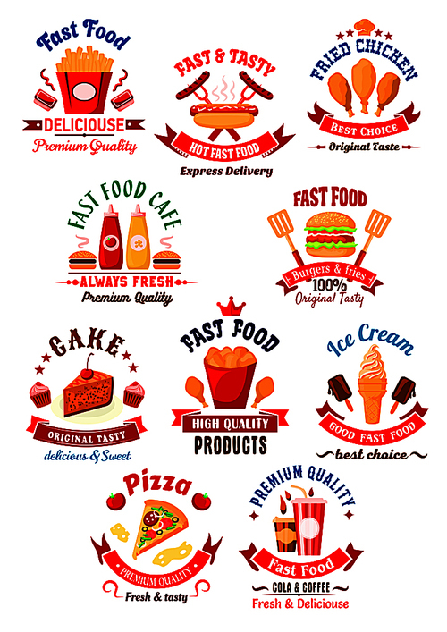 Fast food hamburgers, hot dog and french fries, pizza and fried chicken, soda and coffee drinks, cake, ice cream and cupcakes bright cartoon icons for restaurant and bakery shop design with ribbon banners, stars and chef hat decorations