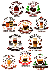 Premium quality coffee beverages icons with decorative and takeaway cups of espresso and latte, macchiato, mochaccino and irish cream coffee drinks, adorned by coffee beans and stars, ribbon banners and sweets, crowns and pastries